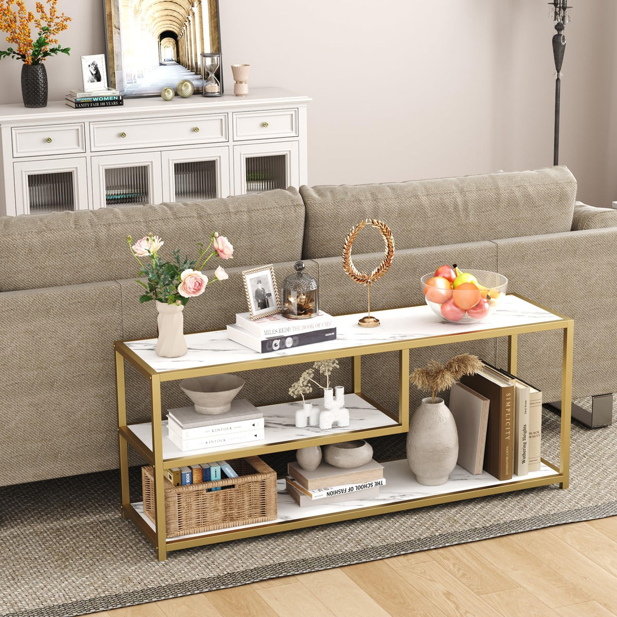 TV Stand for TVs up to 55 Inch, 3 Tier Media Console with Open Storage Shelves Y18368