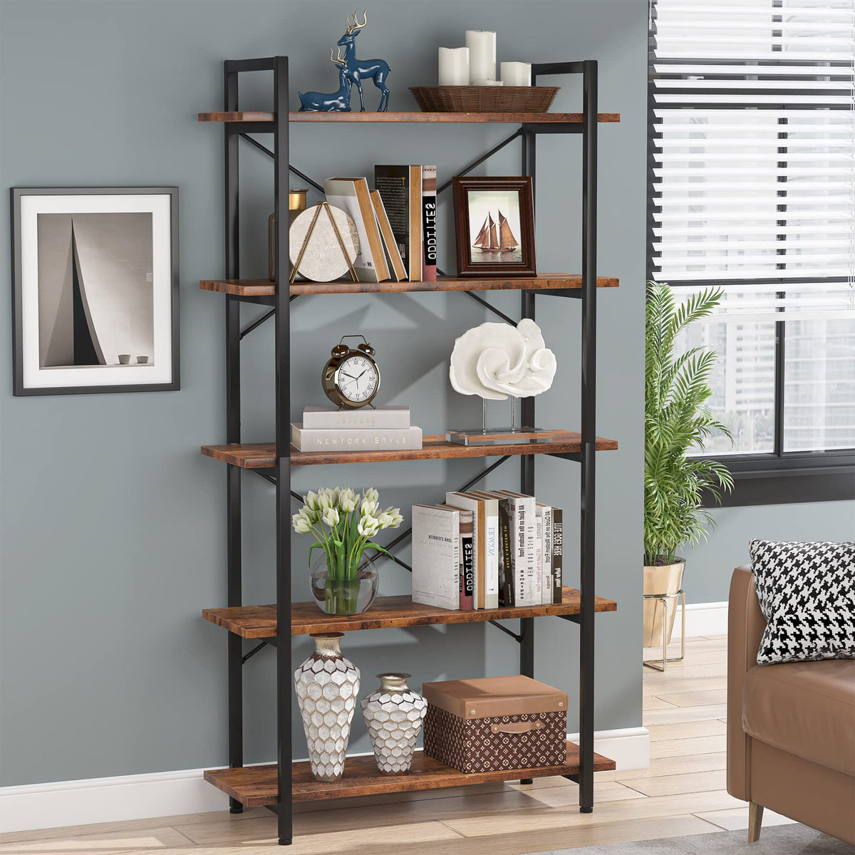 5 Tier Industrial Bookshelf with Metal Frame R5187