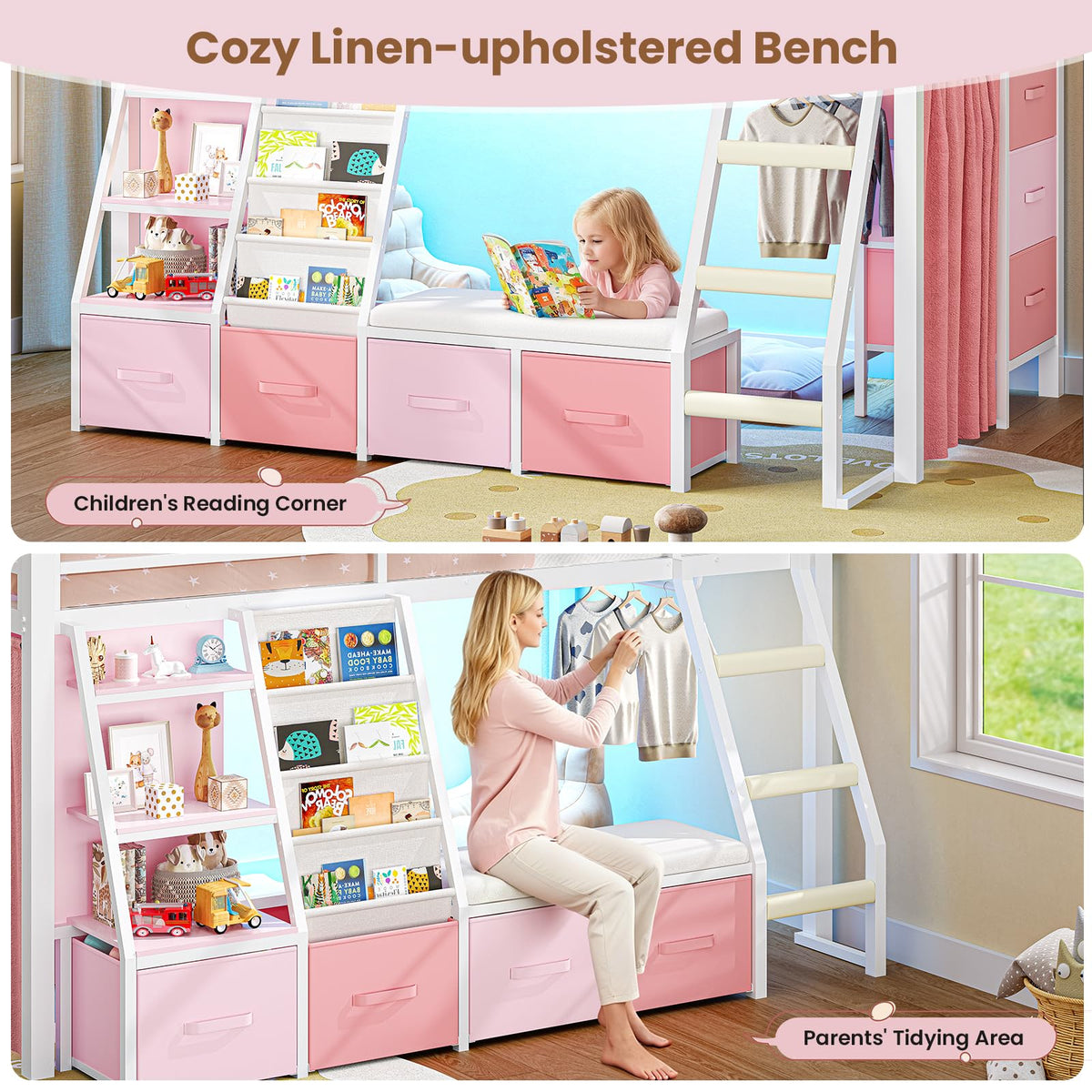 Twin Loft Bed with 7 Storage Drawers, Bookshelf, LED Lights & Guardrail, White & Pink Y90329