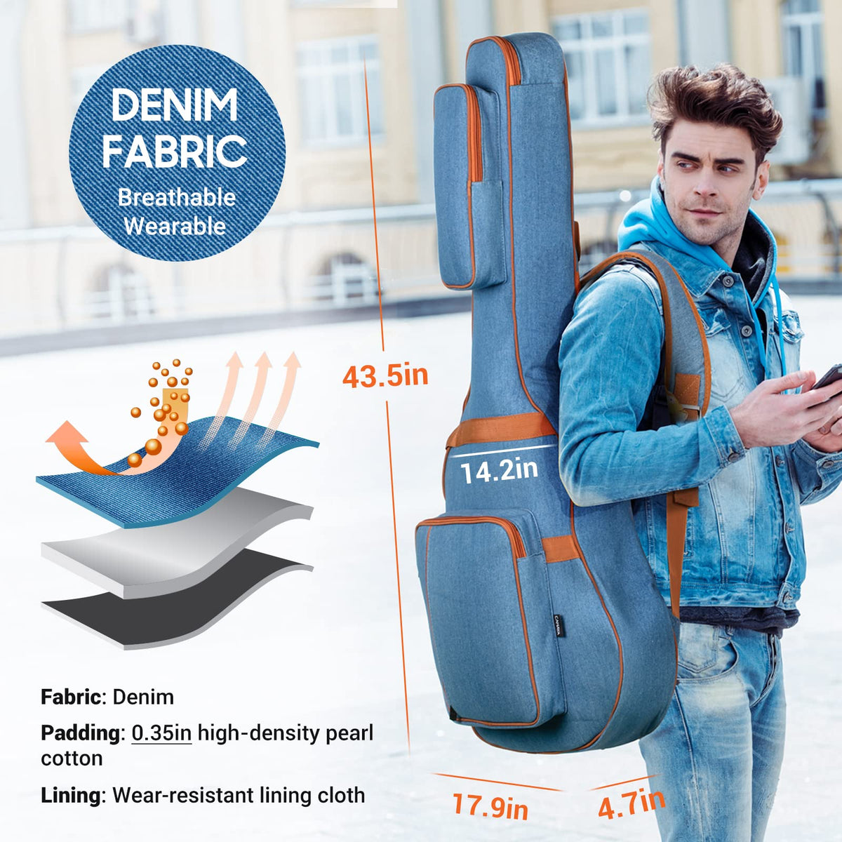 0.35inch Padded Soft Denim Guitar Gig Bag with Storage Pockets Z9020