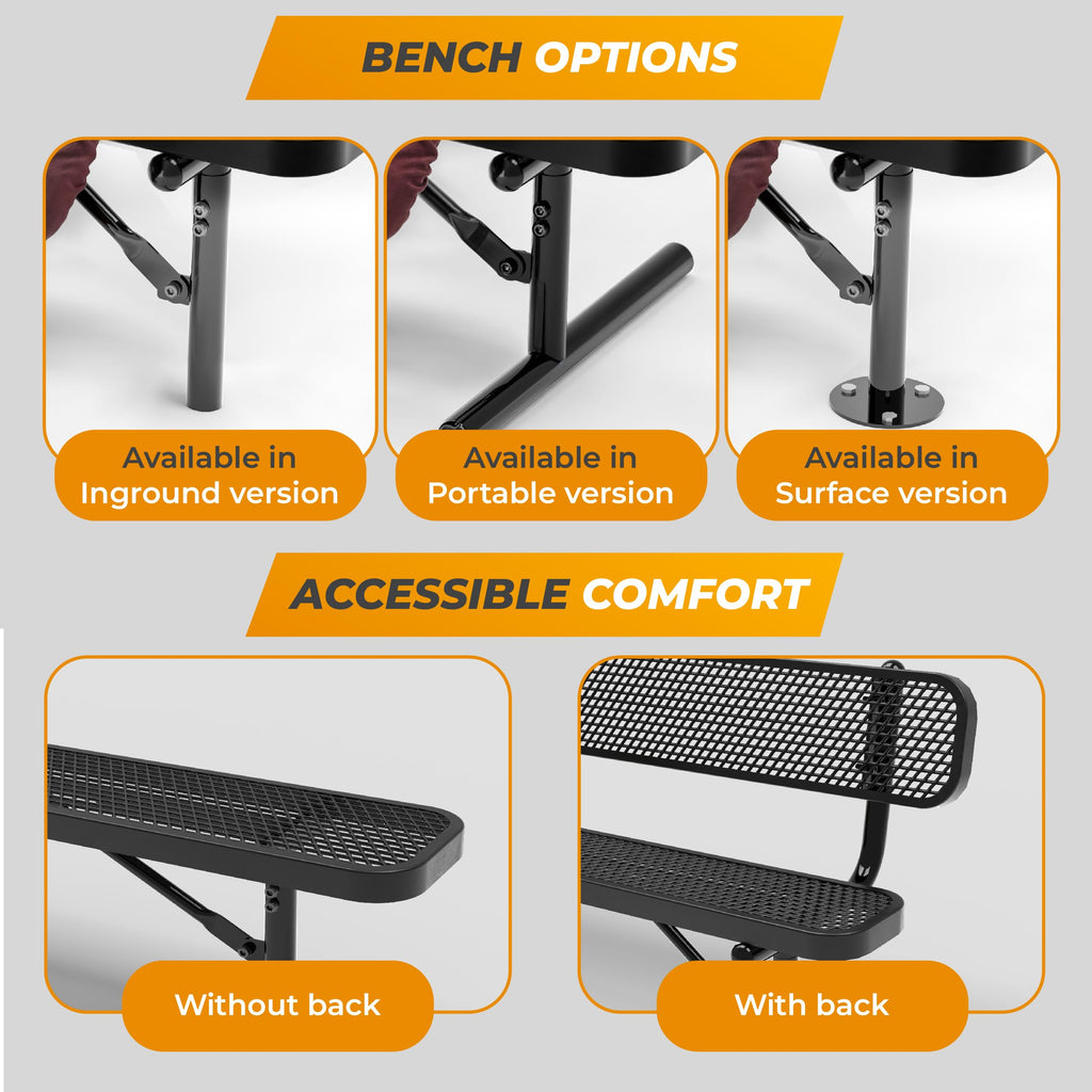 6 Ft Portable Metal Bench with Back W2756