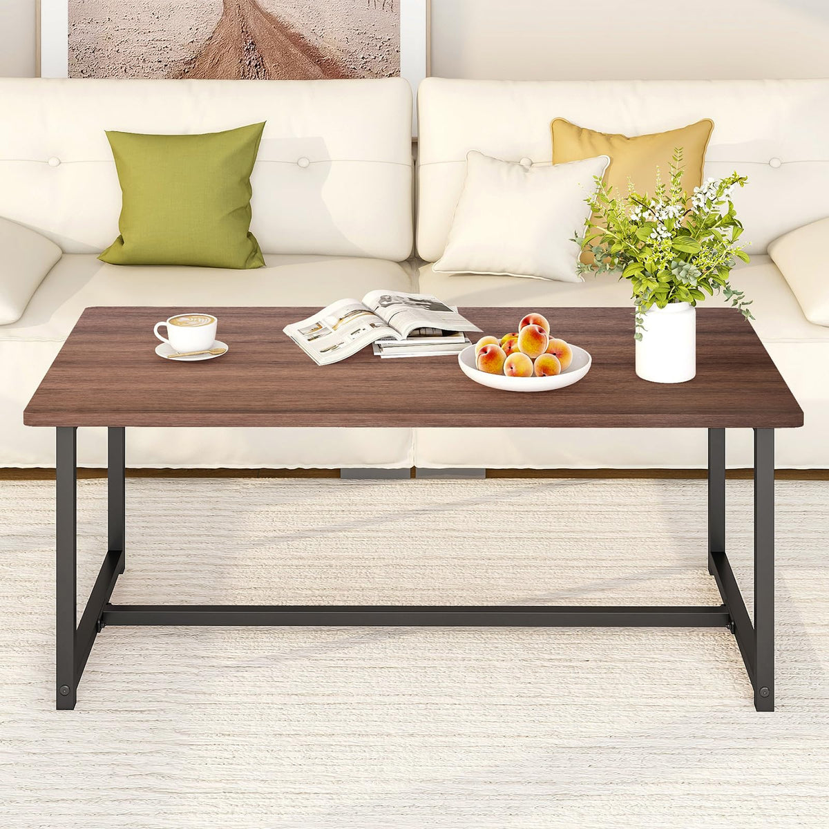 Walnut Rectangular Wood Coffee Table with Metal Frame O3731