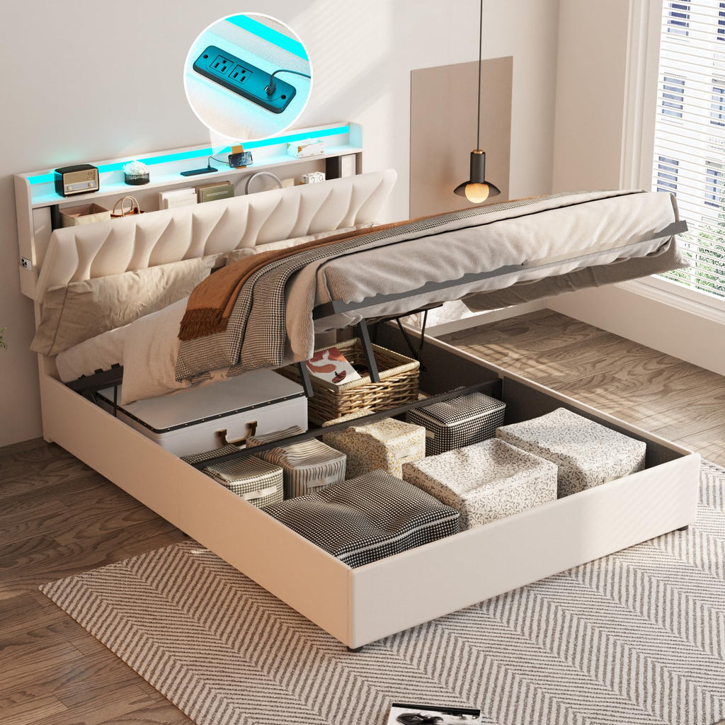 Beige Full Size Lift Up Storage Bed Frame with Charging Station V507283