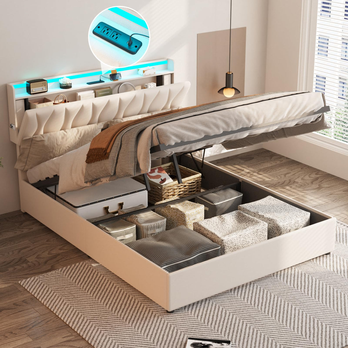 Beige Full Size Lift Up Storage Bed Frame with Charging Station V507283