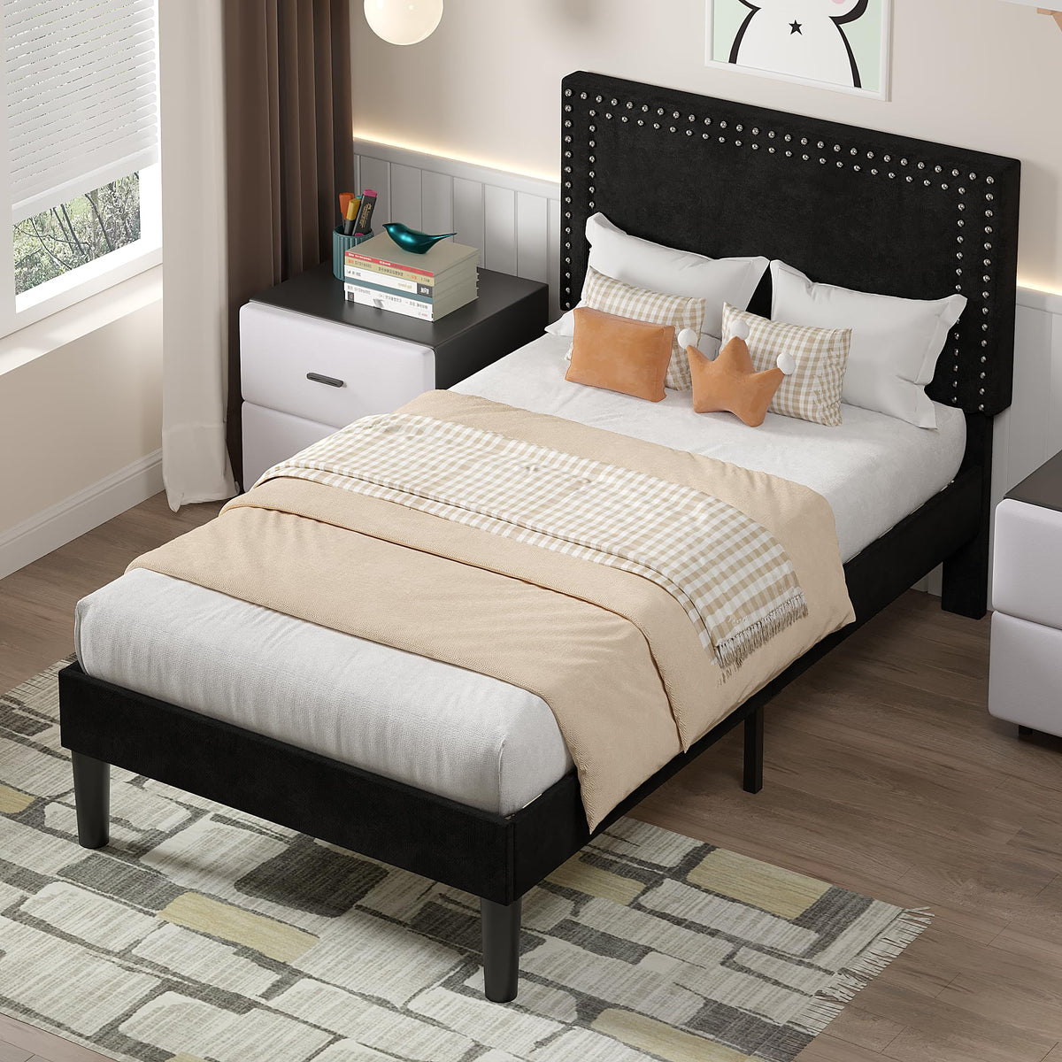 Twin Size Black Platform Bed Frame with Adjustable Upholstered Headboard D375