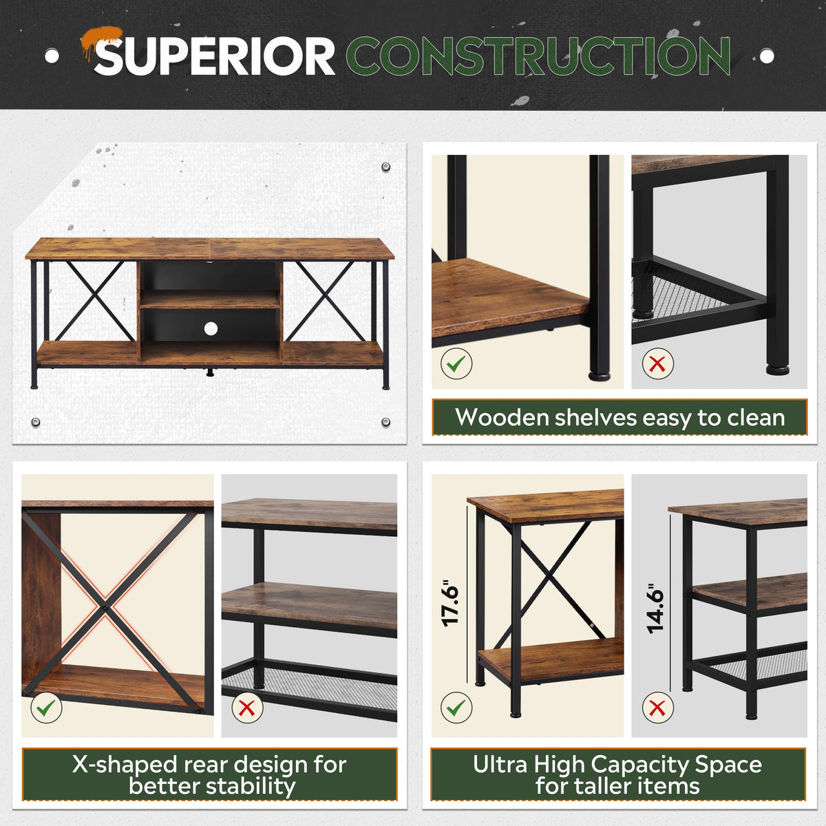 Industrial TV Stand for Up to 65 inch TV with Adjustable Shelves P8229