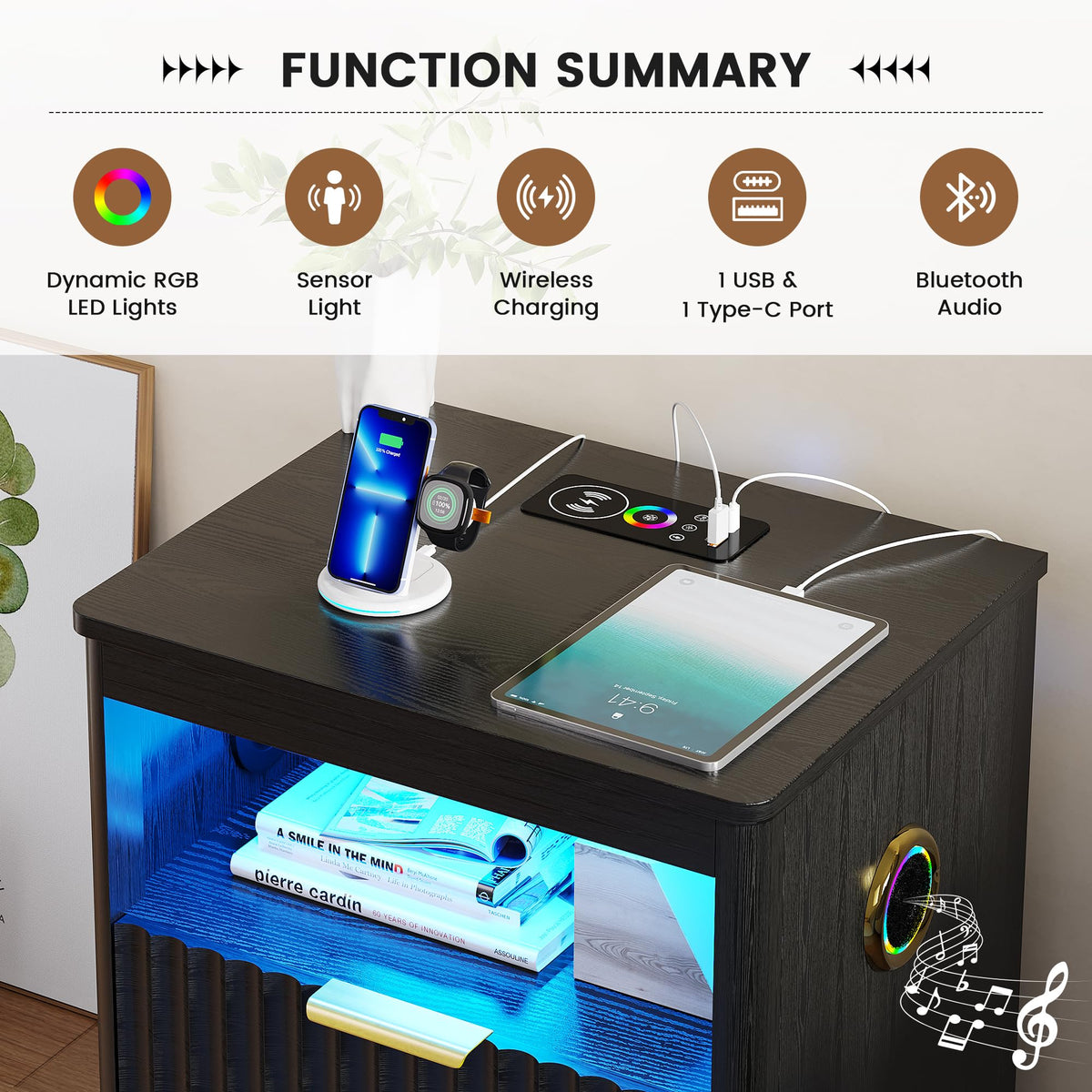 Black Smart Nightstand with Bluetooth Speaker, LED Lights, Wireless Charging, 2 Drawers & Open Shelf B366