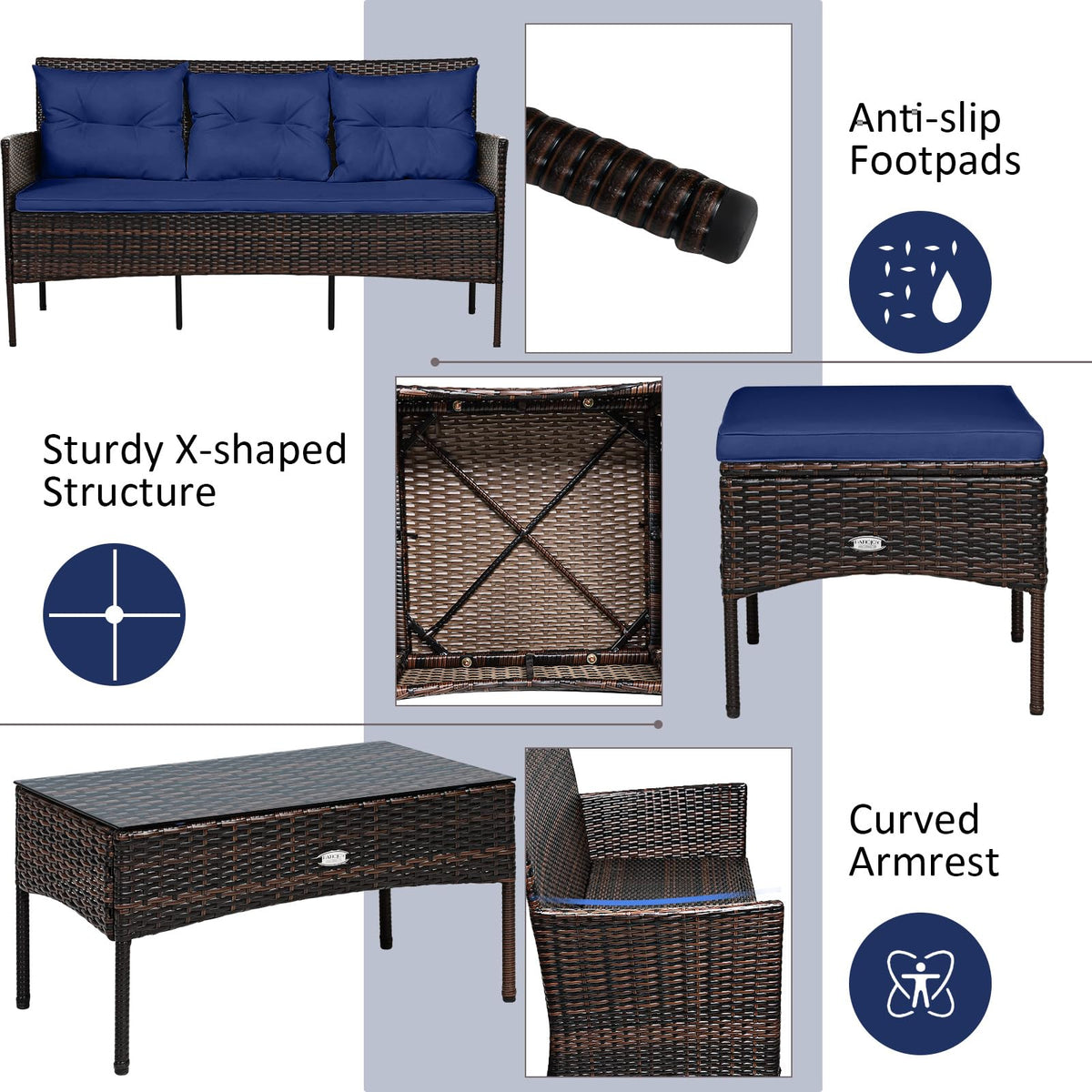 3 Pieces PE Rattan Wicker Patio Conversation Set with Cushions O699042