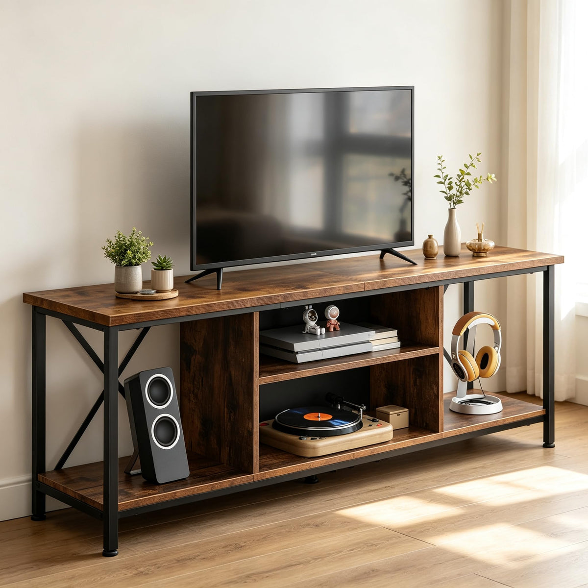 Industrial TV Stand for Up to 65 inch TV with Adjustable Shelves P8229