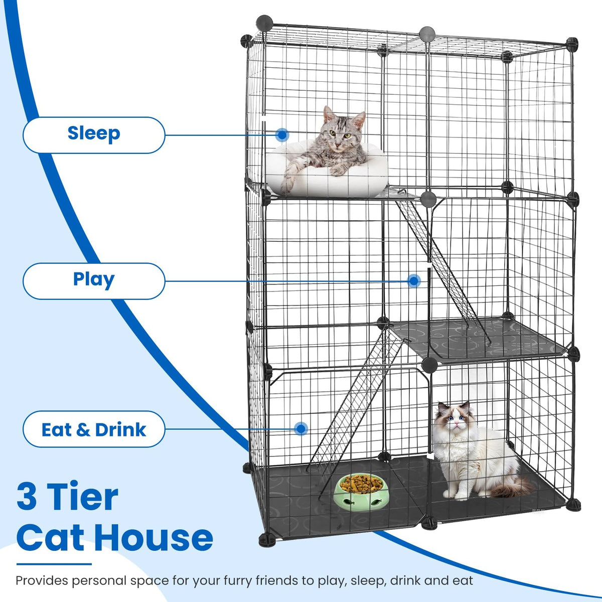 3 Tier Metal Cat Playpen Cage with 3 Doors 2 Ladders X84250