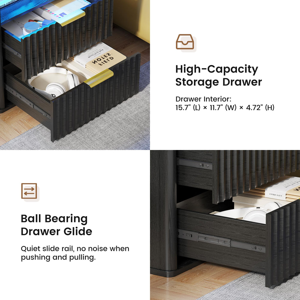 Black Smart Nightstand with Bluetooth Speaker, LED Lights, Wireless Charging, 2 Drawers & Open Shelf B366