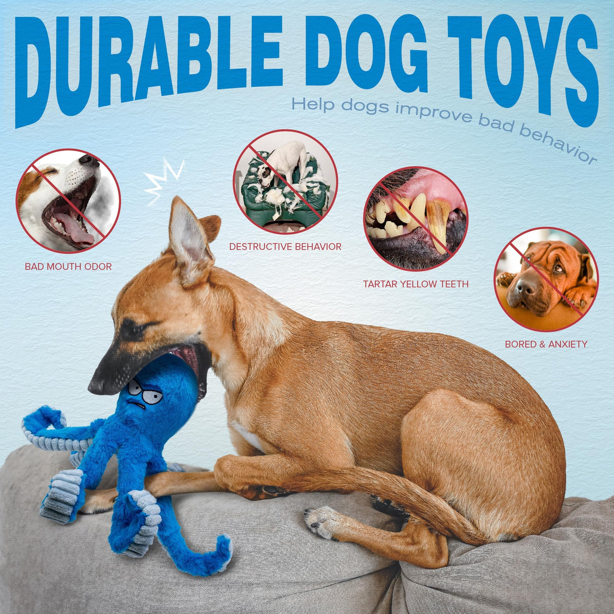 Stuffed Squeaky Crinkle Blue Octopus Dog Toy Z116