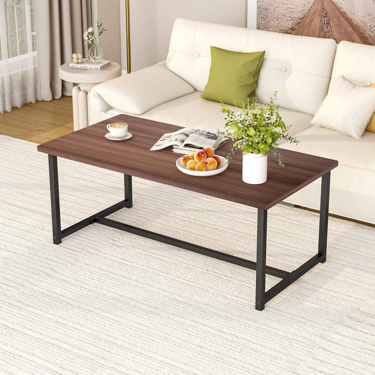 Walnut Rectangular Wood Coffee Table with Metal Frame O3731
