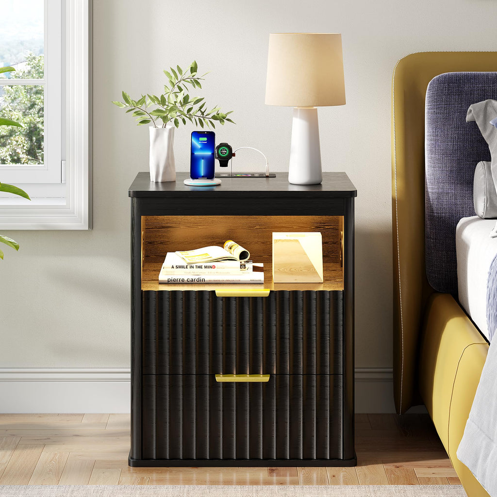 Black Smart Nightstand with Bluetooth Speaker, LED Lights, Wireless Charging, 2 Drawers & Open Shelf B366