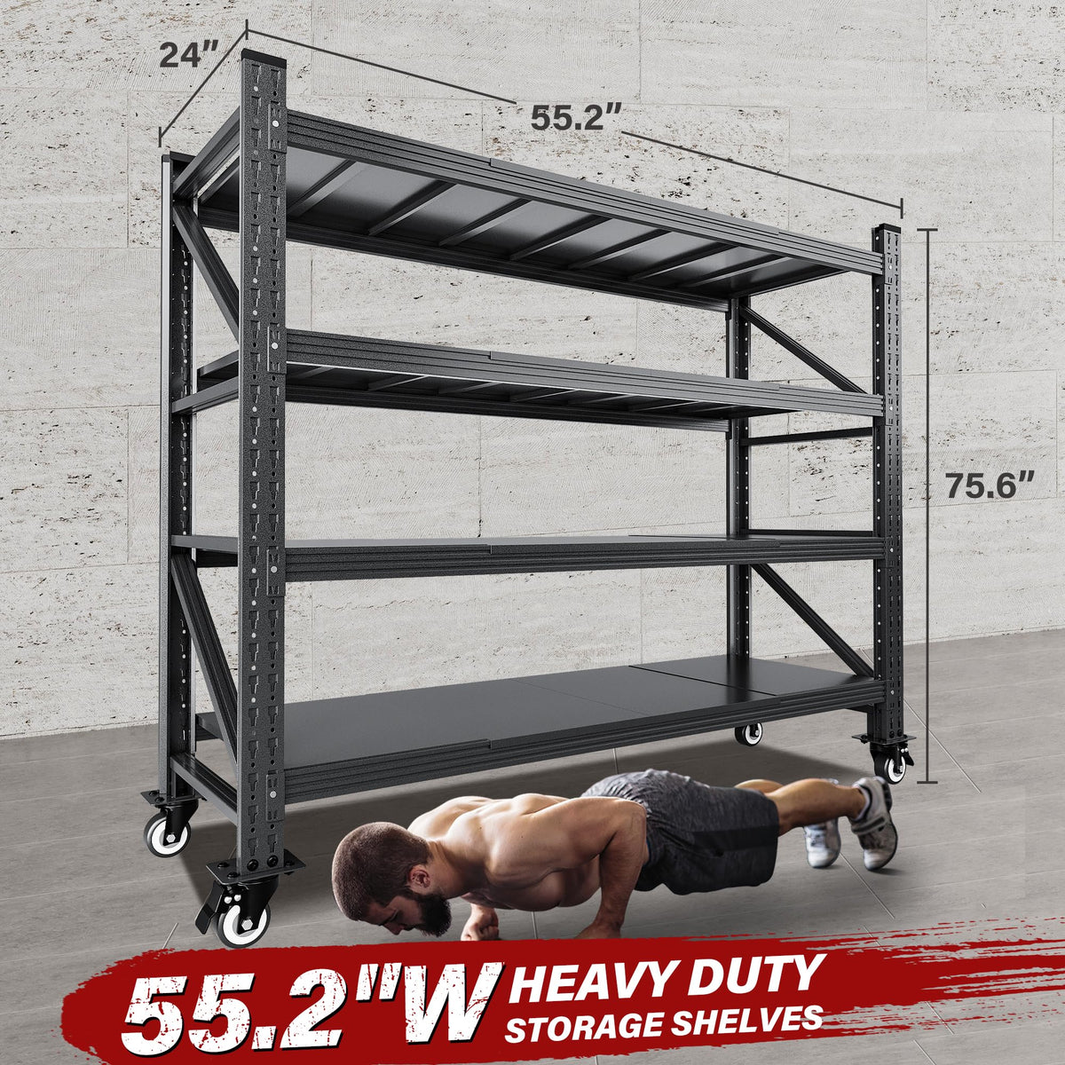 75.6" Tall Black Metal Storage Shelves with Wheels Q541360