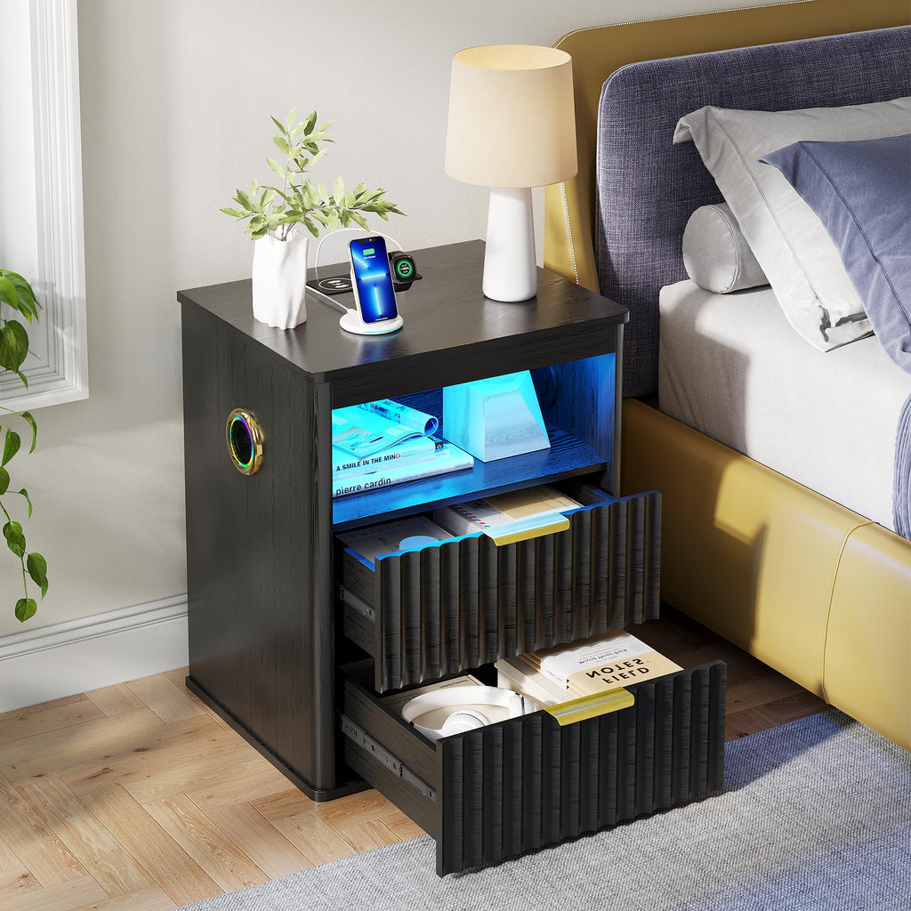 Black Smart Nightstand with Bluetooth Speaker, LED Lights, Wireless Charging, 2 Drawers & Open Shelf B366