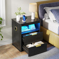 Black Smart Nightstand with Bluetooth Speaker, LED Lights, Wireless Charging, 2 Drawers & Open Shelf B366