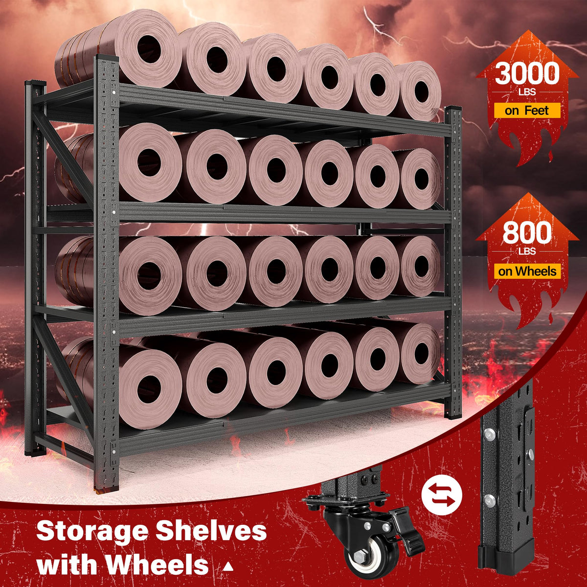 75.6" Tall Black Metal Storage Shelves with Wheels Q541360