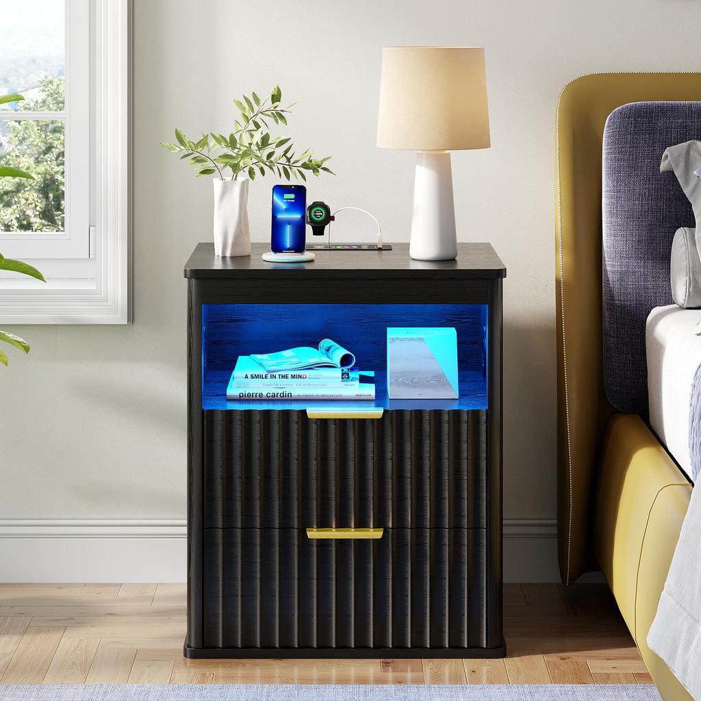 Black Smart Nightstand with Bluetooth Speaker, LED Lights, Wireless Charging, 2 Drawers & Open Shelf B366