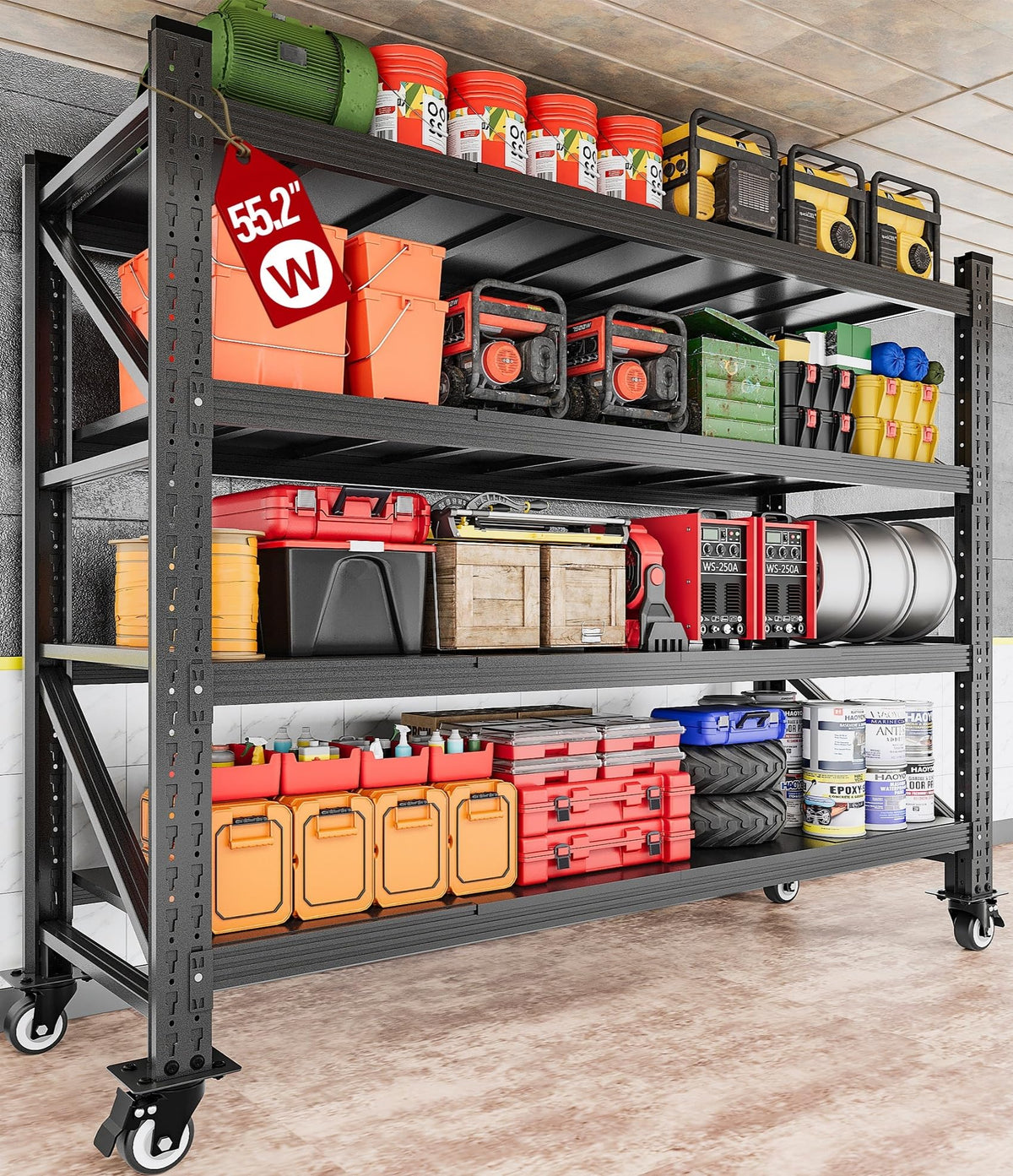 75.6" Tall Black Metal Storage Shelves with Wheels Q541360