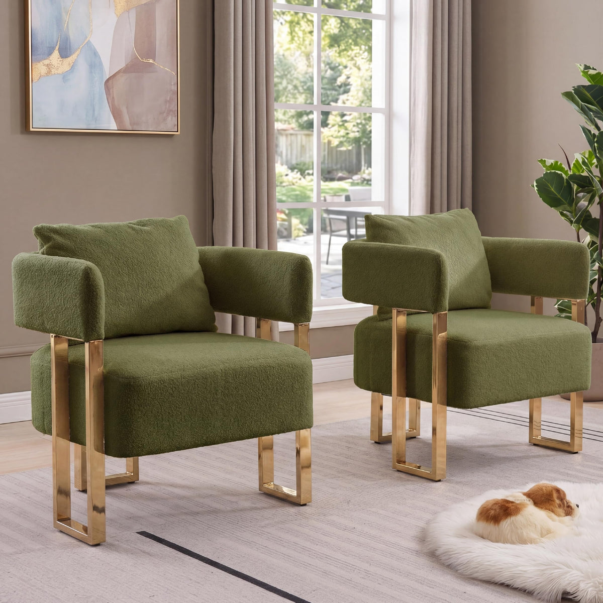 Green Teddy Upholstered Arm Chairs Set of 2 with Metal Legs R78108
